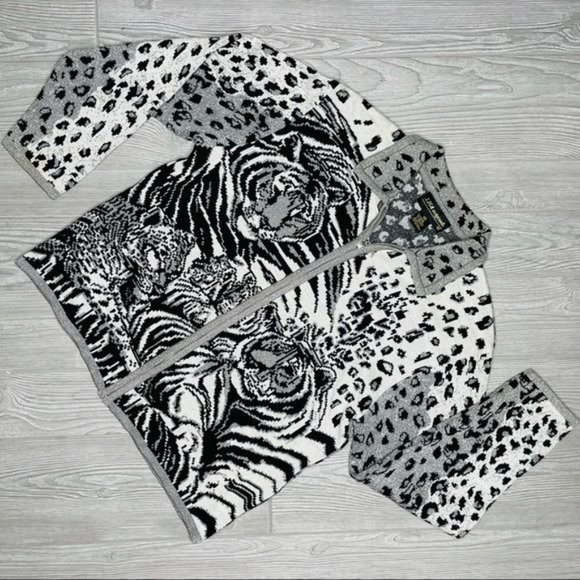 Lisa originals leopard and tiger white / black full zip up jacket cardigan size - Picture 1 of 5